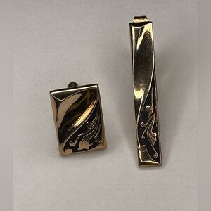 Vintage Gold and Black Tie Clip and Cufflink (1)